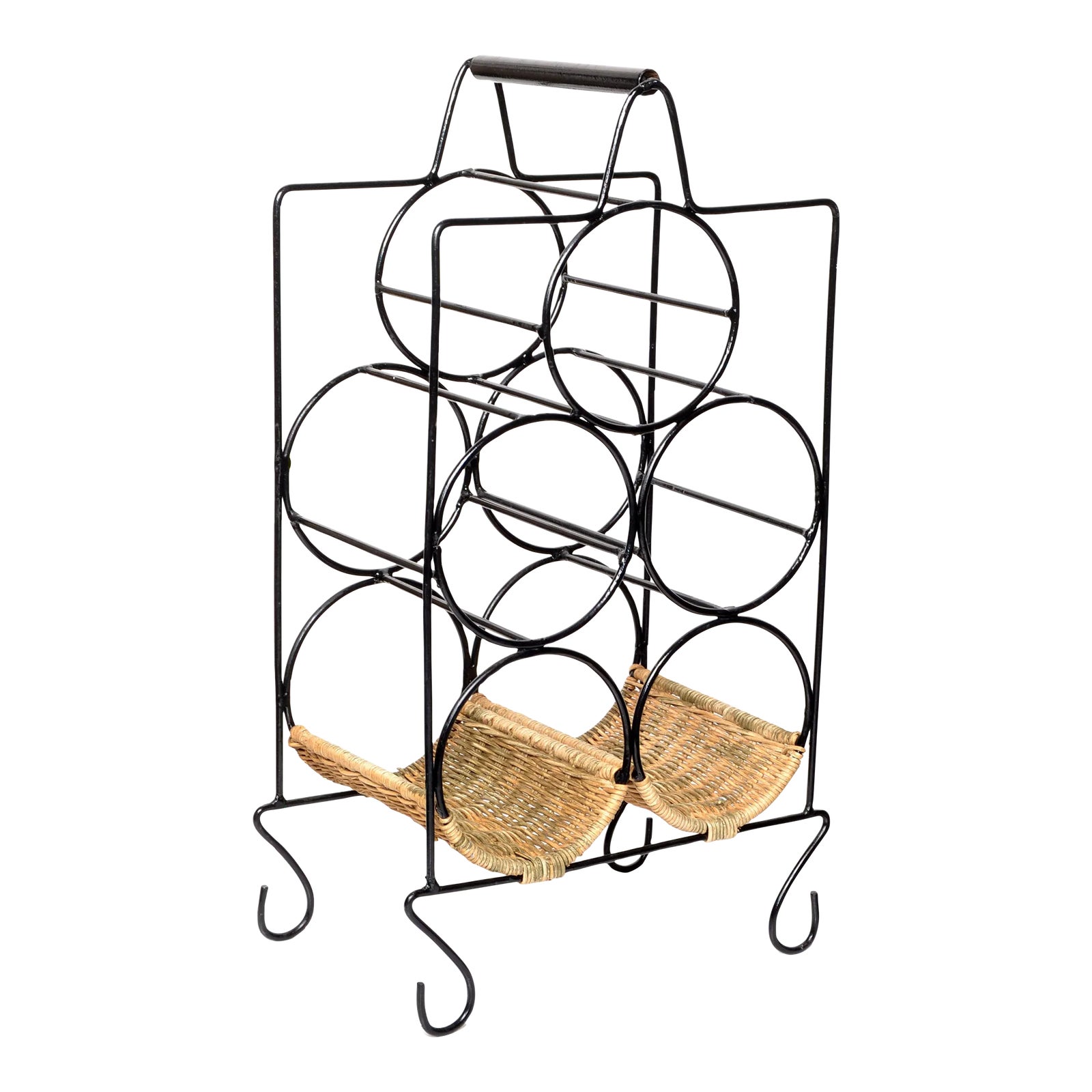 Vintage Boho Chic Wrought Iron Wicker 5 Bottle Wine Rack Stand Caddy