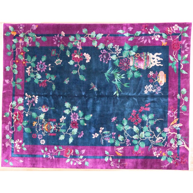 This is a beautiful example of a 1920s–1930s Chinese Art Deco carpet, hand-knotted in wool with the rich, saturated...