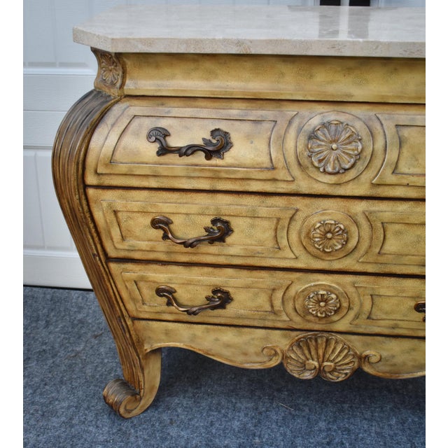 Wood Marble Top Chest French Baroque Style Bombay Commode Carved 3 Drawer 90's For Sale - Image 9 of 18
