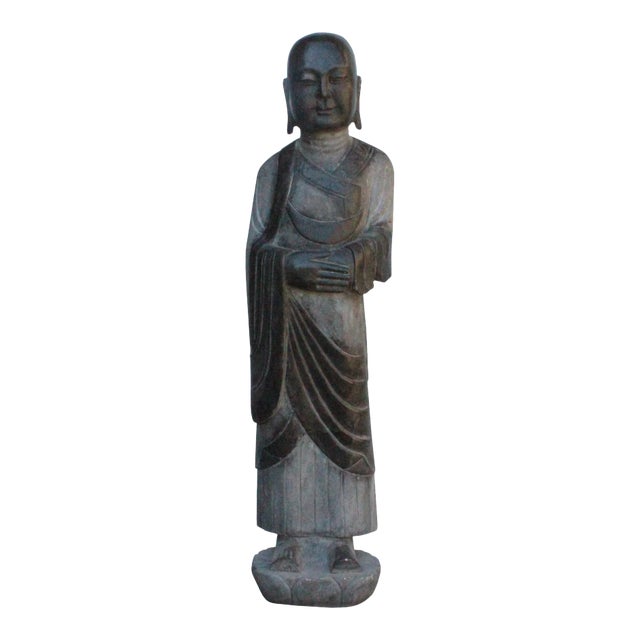 Chinese Black Gray Stone Carved Standing Monk Lohon Statue cs3627S For Sale