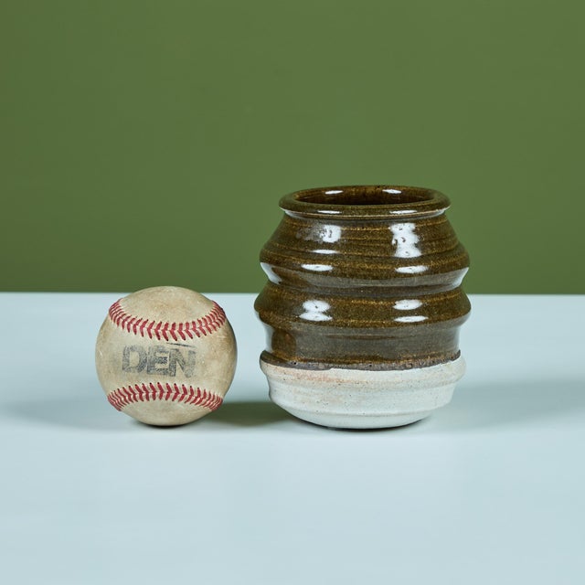 Mid-Century Modern Ribbed Stoneware Vessel with Two-tone Glaze For Sale - Image 3 of 11