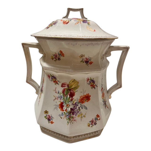 1920s Wheeling Pottery La Belle Victorian Floral Trash Can, Wastebasket For Sale