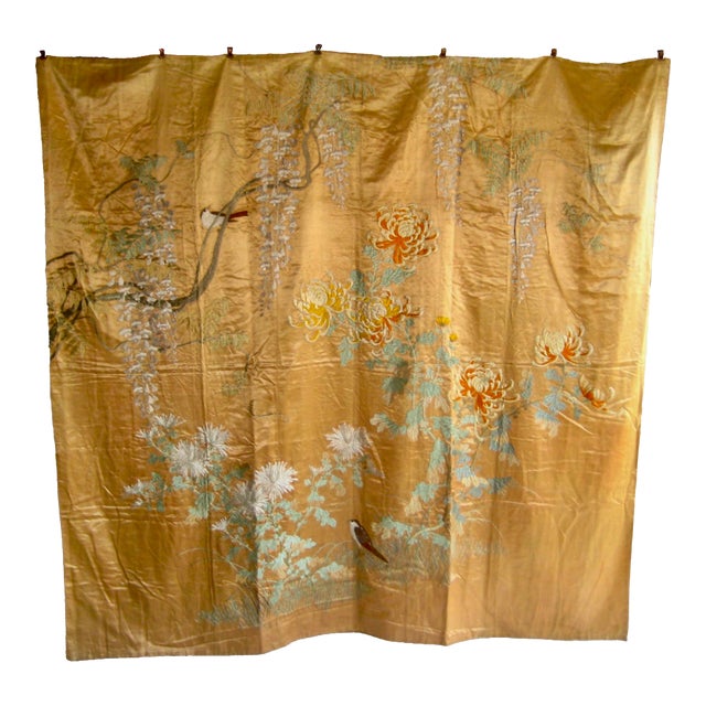 Japanese 19 Century Silk Embroidery Birds and Wisteria Flowers For Sale