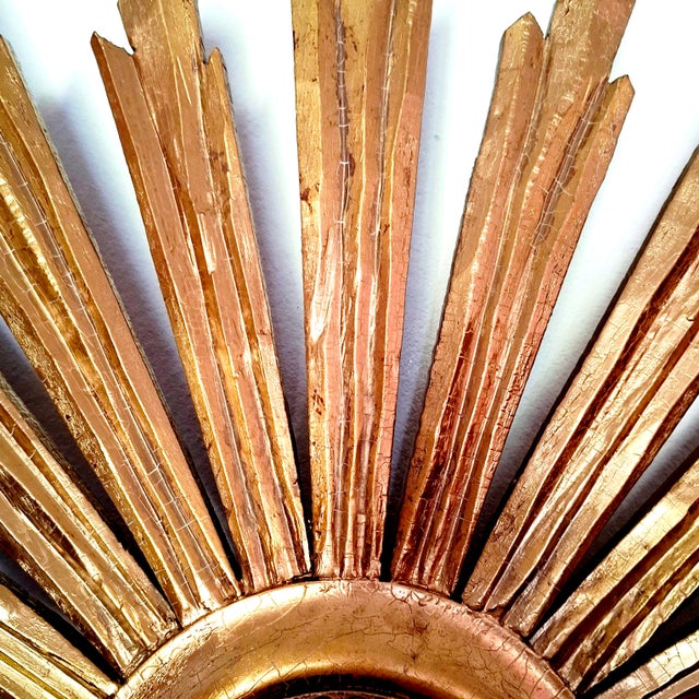Wood Large Sunburst Wall Mirror in Gilded Wood, Italy, 1960s For Sale - Image 7 of 16