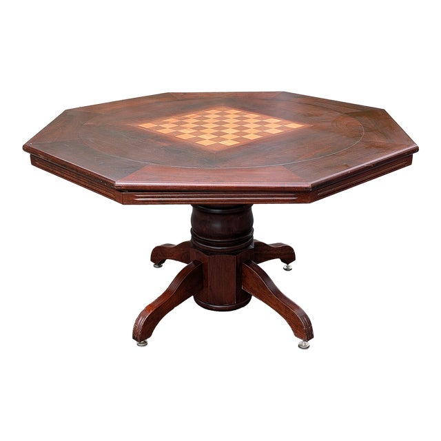 Vintage 54" Octagonal Poker & Chess Game Table With Vibrant Red Felt For Sale