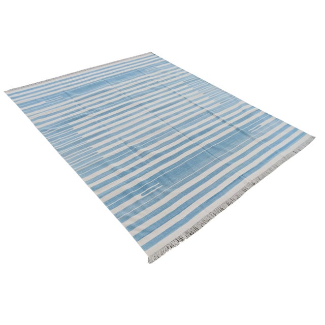Handmade Reversible Cotton Vegetable Dyed Blue and White Striped Rug-10'x14' For Sale - Image 12 of 12