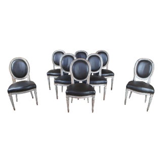 Antique 19th Century French Louis XVI Provincial Brown Leather Dining Chairs- Set of 8 For Sale