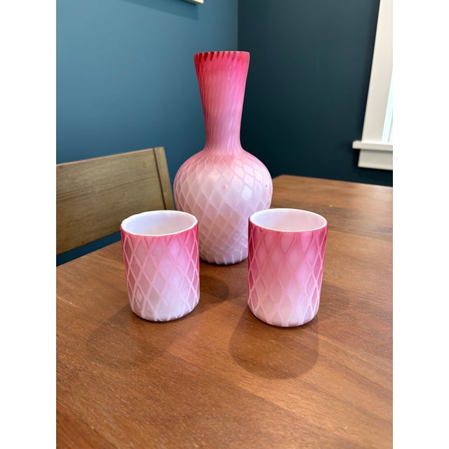 Glass Antique Victorian Pink Cased Diamond Quilted Satin Glass Vase and Tumbler Pair Set For Sale - Image 7 of 7