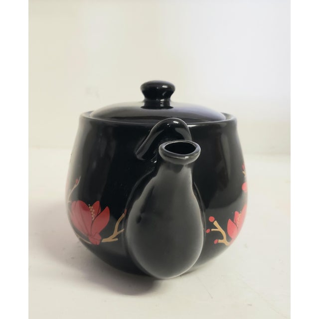 Japanese Vintage Japanese Black Ceramic Kyusu Teapot With Red Floral Motif For Sale - Image 3 of 8