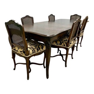 Antique Ebonized French Louis XV Dining Table With 6 Cane Chairs and 2 Leaves For Sale