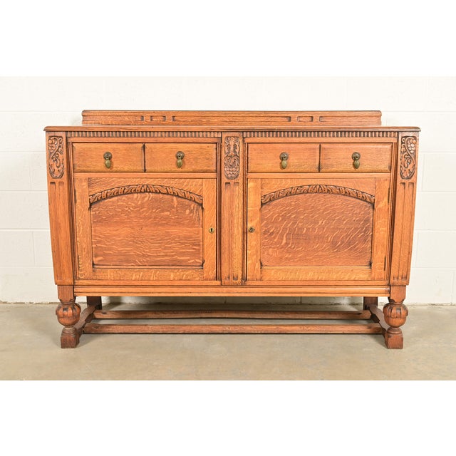 Berkey & Gay Style Antique English Jacobean Carved Oak Sideboard Buffet or Bar Cabinet, Circa 1920s For Sale - Image 16 of 16
