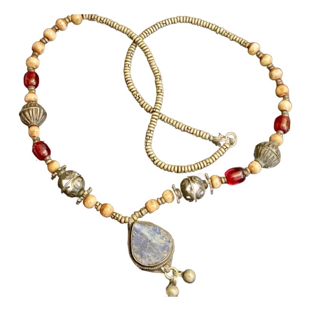 Early 20th Century Afghan Turkomon Necklace - Lapis Lazuli - Metal - Necklace - Turkoman Tribal Necklace Length: 28 in - Total Weight: 86 G For Sale