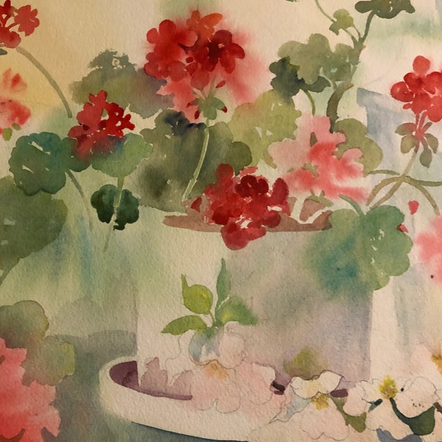 Impressionist Original Vintage Watercolor Still Life Painting With Geraniums For Sale - Image 3 of 6