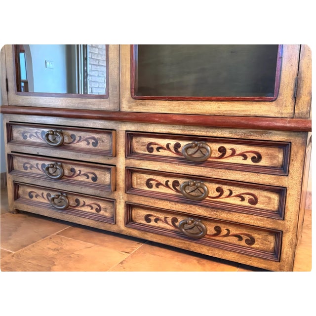 Rustic Vintage Dupuis Mexico Artisan Carved Distressed Pine Hutch & Buffet Cabinet For Sale - Image 3 of 6