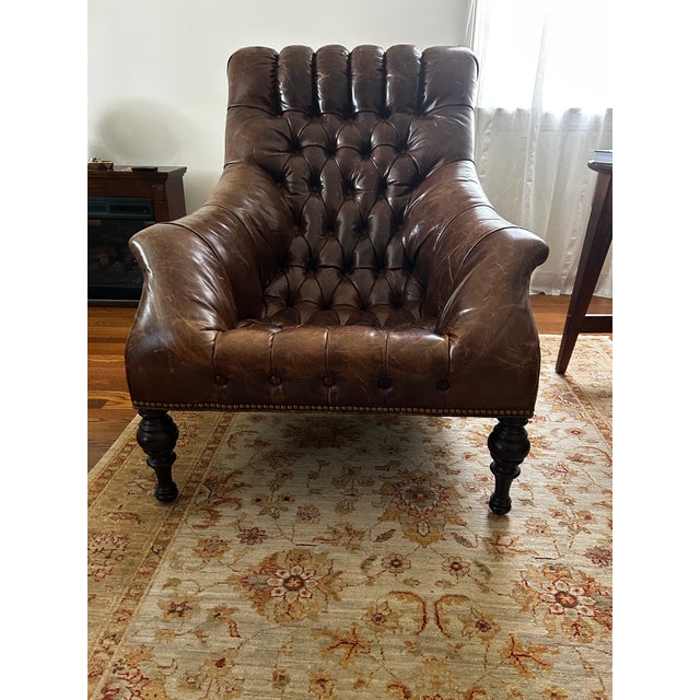Animal Skin Oversized Diamond Tufted Leather Library Chair, Bobbin Legs & Nailhead Trim For Sale - Image 7 of 7