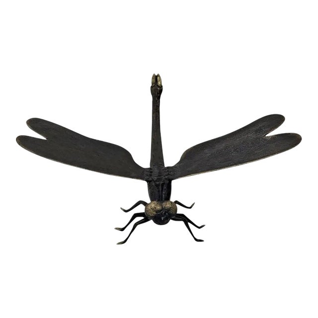 Cast Bronze Dragonfly Sculpture — Sculptural Natural Form With Dark Patina For Sale