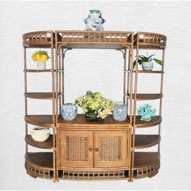 Brown Vintage Huge Ficks Reed Style Wicker Wood Chippendale Storage Corner Tv Cabinet- 3 Piece Set For Sale - Image 8 of 10