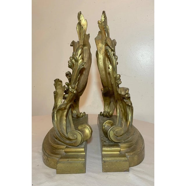 Pair of Antique 19th Century Ornate Rococo Gilt Bronze Fireplace Andirons Brass For Sale - Image 10 of 15