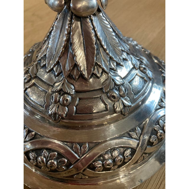 Antique Silver Covered Urn — Repoussé Greek Key, Fruit & Foliage Motifs, 2.86 LBS For Sale - Image 4 of 18