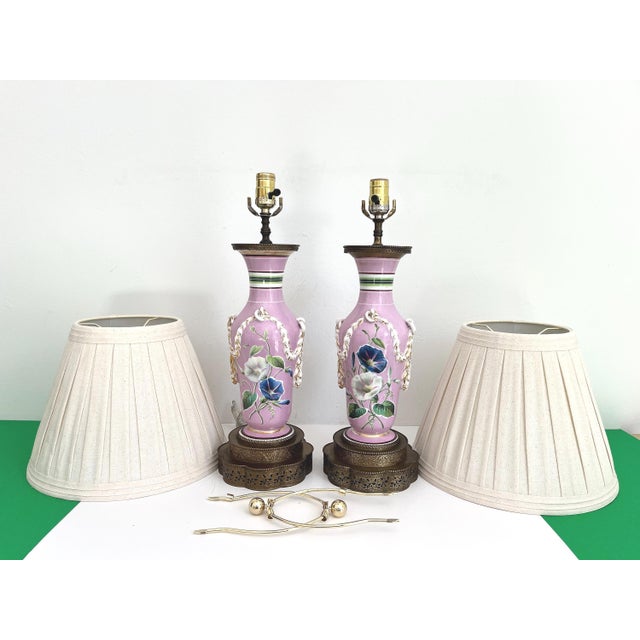 1940s French Floral Urn Lamps & Shades, Pair For Sale - Image 17 of 18