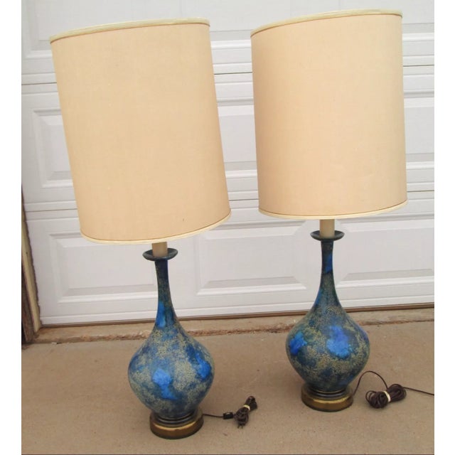 Mid 20th Century Helmut Bruchman Style Mid Century Modern Blue Glaze Ceramic Lamps - a Pair For Sale - Image 4 of 12