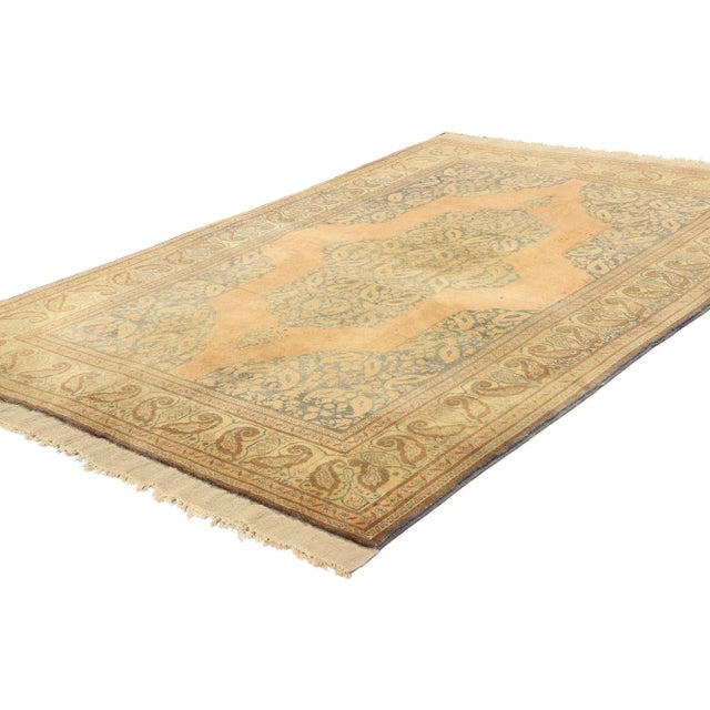 21678 Antique Orange Persian Tabriz Rug, 03'10 x 06'02. The hand-knotted wool antique Persian Tabriz rug seamlessly blends...