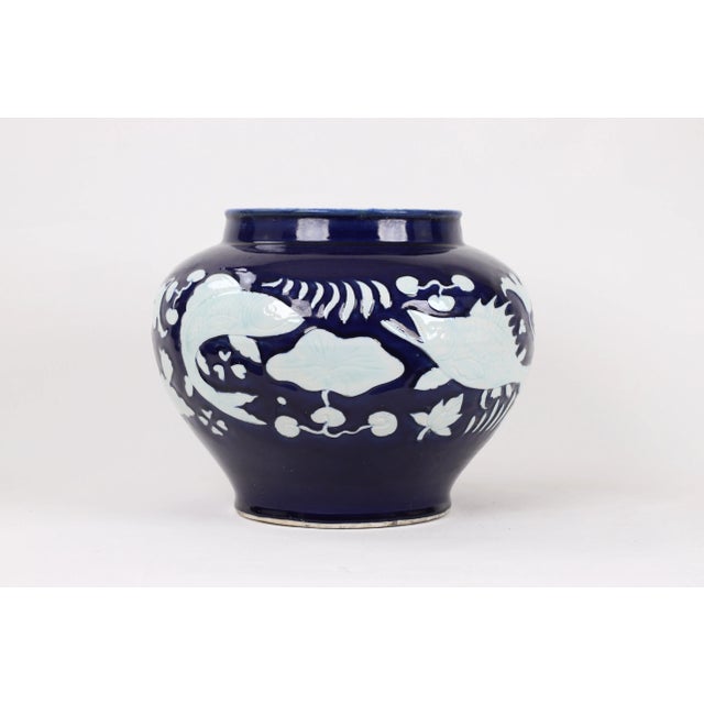 20th Century Chinese Cobalt Blue Glaze With Carved White Fish & Seaweed Design Jar For Sale - Image 13 of 13
