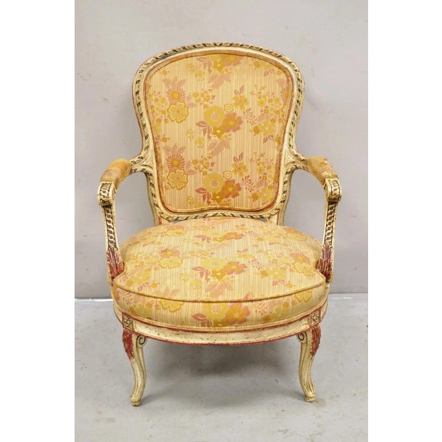 Vintage French Louis XV Style Cream and Red Painted Low Boudoir Fauteuil Chair. Circa Mid 20th Century. Measurements: 35"...