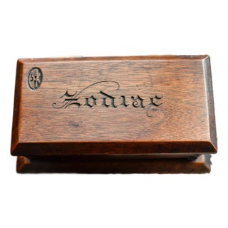 Antique Wooden Keepsake Trinket Box Engraved Zodiac Tarot Card Holder For Sale
