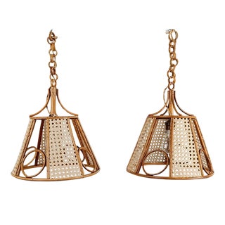 Pendant Lights in Cane and Woven Wicker Cane, Italy, 1970s, Set of 2 For Sale