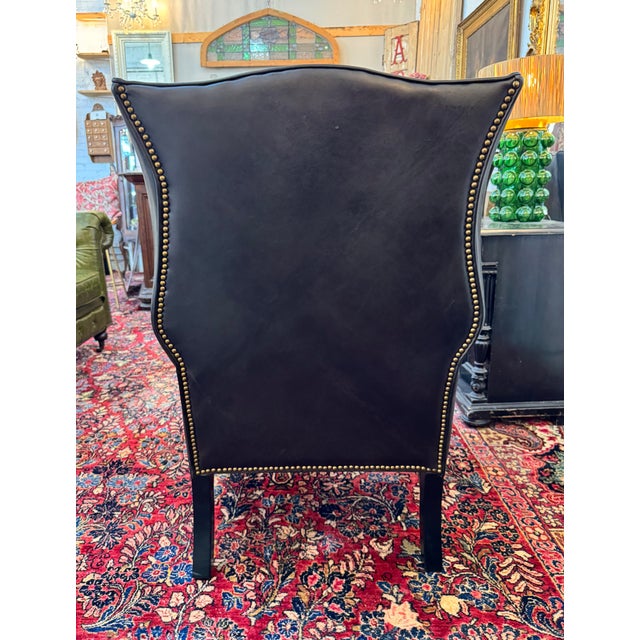 2000 - 2009 Pair of Vintage Black Leather Wingback Chairs With Brass Nailhead Trim For Sale - Image 5 of 5