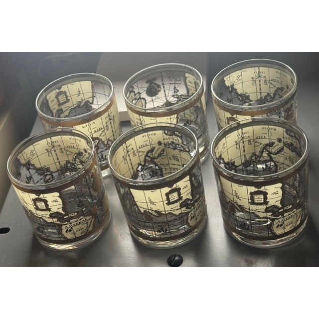 1960s 1960s Cera 22k Gold Old World Map Lowball Glasses - Set of 6 For Sale - Image 5 of 11