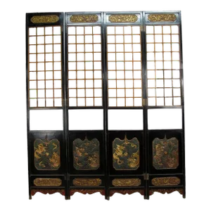 Antique Chinese Room Divider W Hand Carved & Gilded Dragons on Both Sides - Set of 4