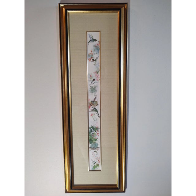 1970s Vintage Hummingbird Framed Asian Painting For Sale - Image 4 of 5