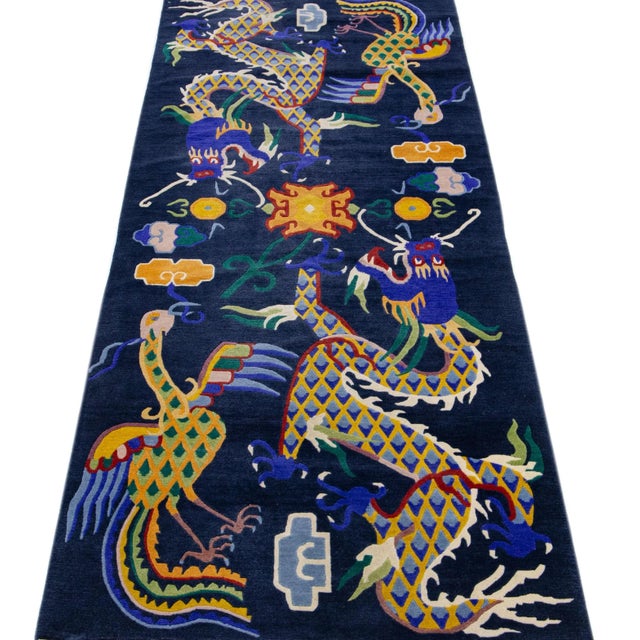 Chinese Blue Chinese Vintage Peking Handmade Wool Rug With Mullticolor Dragon Design For Sale - Image 3 of 7