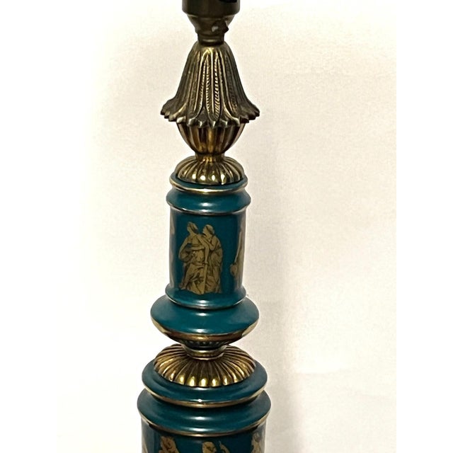 Blue Antique French Brass and Porcelain Glass Shade Table Lamp from Unbekannt, 1920s For Sale - Image 8 of 11