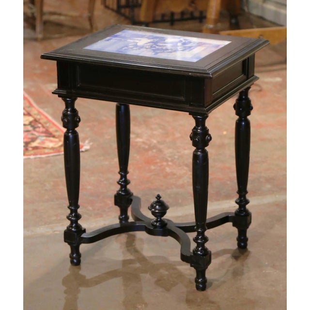 19th Century French, Carved Blackened and Blue and White Painted Tile Side Table For Sale - Image 12 of 13