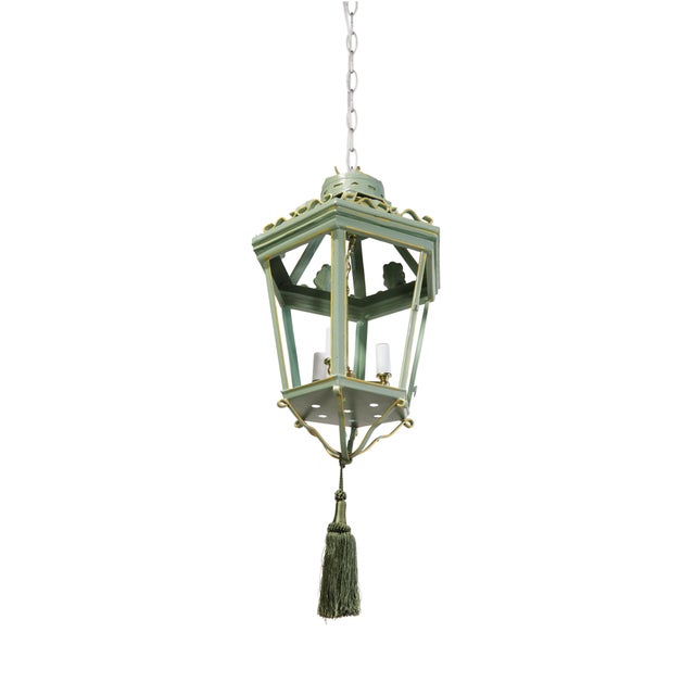 Traditional A Vintage “Visual Comfort” Style Iron Celadon Green Chandelier For Sale - Image 3 of 11