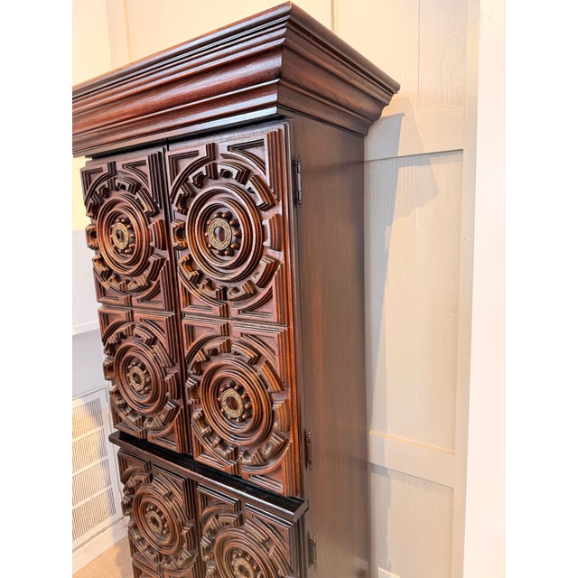 Wood Mid-Century Carved Wood Bar Cabinet With Smoky Glass Interior For Sale - Image 7 of 12
