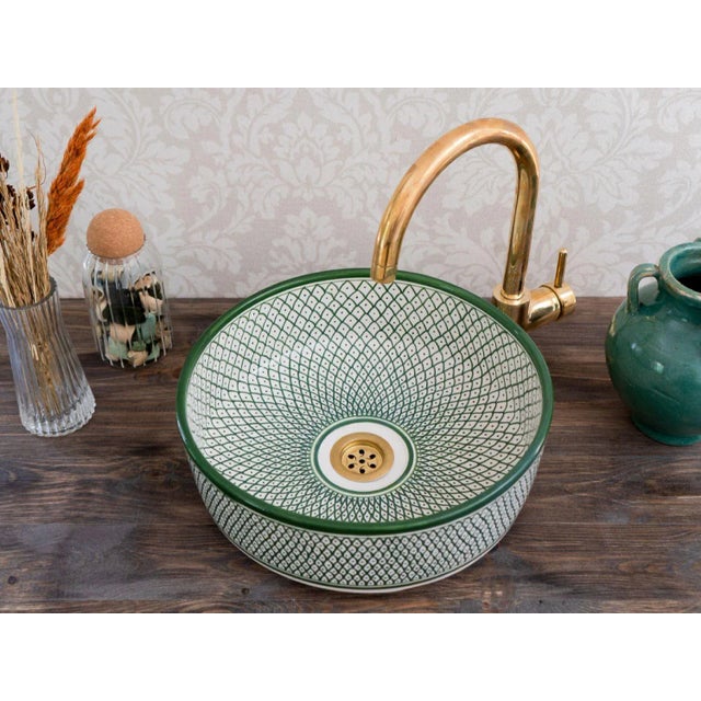 Contemporary Moroccan Handmade Green Vessel Ceramic Sink for Bathroom For Sale - Image 3 of 5