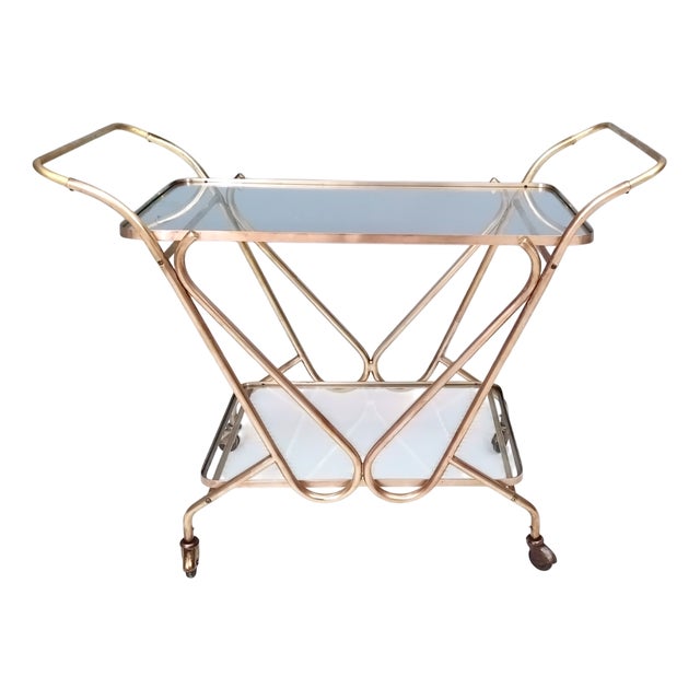 Vintage Brass Serving Cart with Glass Shelves, Italy For Sale