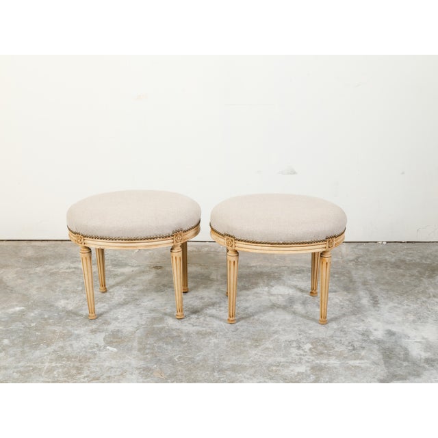 French Pair of French Neoclassical Style Bleached Wood Stools with New Upholstery For Sale - Image 3 of 10