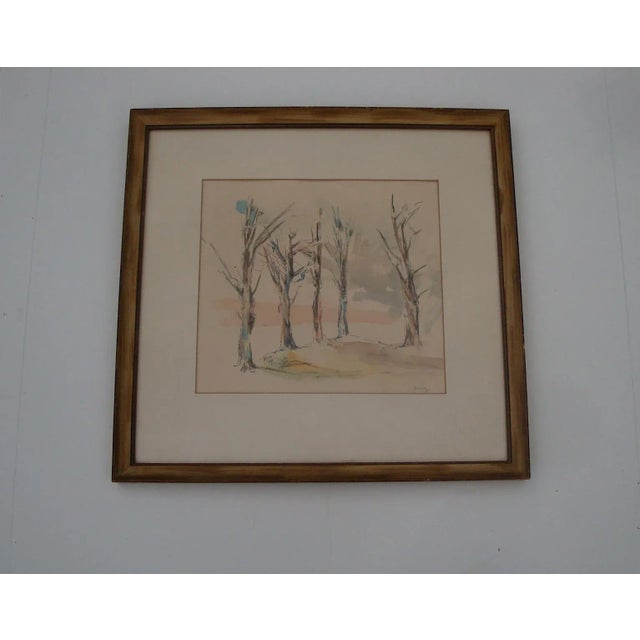 Mid-Century Modern Midcentury Watercolor Painting First Blush of Spring Trees For Sale - Image 3 of 5