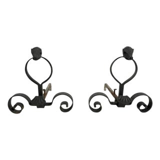 Late 19th Century Wrought Iron Andirons with Boars Heads, France, Set of 2 For Sale