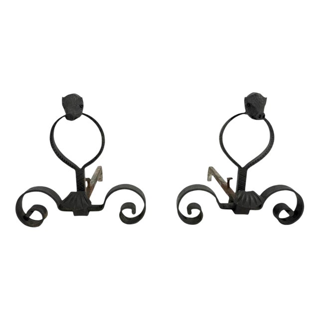 Late 19th Century Wrought Iron Andirons with Boars Heads, France, Set of 2 For Sale