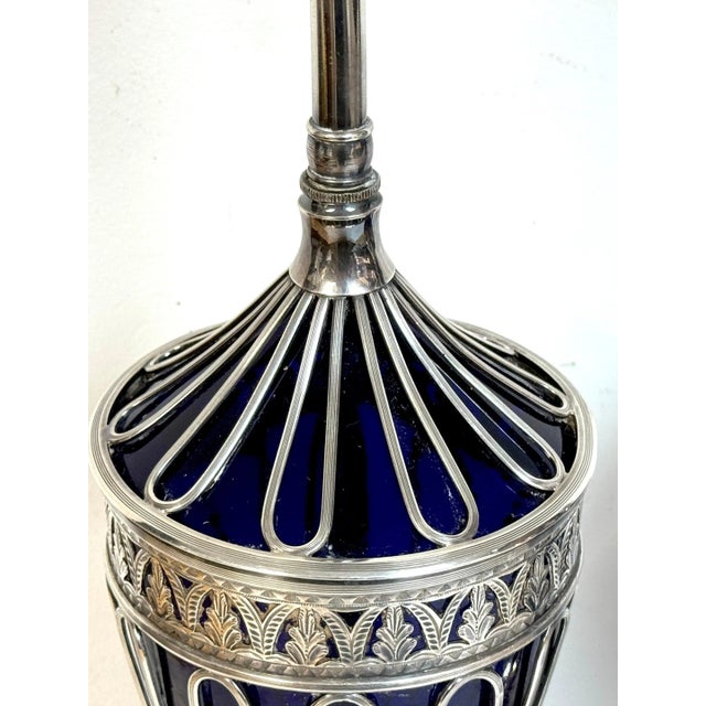 Pair Antique Sheffield Plate & Cobalt Glass Anthemion Motif Urns, Now as Lamps For Sale - Image 9 of 12