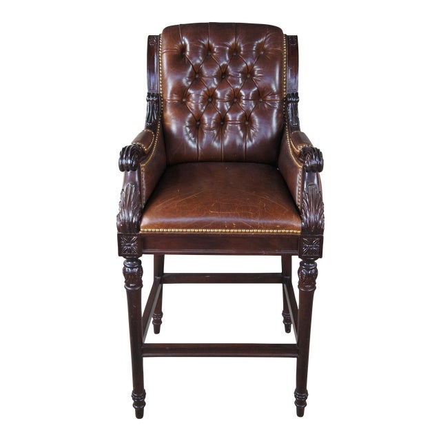 Late 20th Century Hancock & Moore French Chesterfield Style Carved Brown Leather Tufted Bar Stool For Sale
