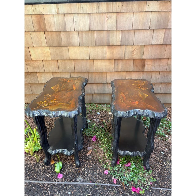 Statement pieces! These vintage Asian end tables feature a dramatic sculptural base with carved “tree trunk” or faux bois...