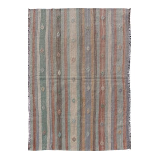Colorful Vintage Turkish Flat-Weave Kilim Rug With Geometric Striped Design For Sale