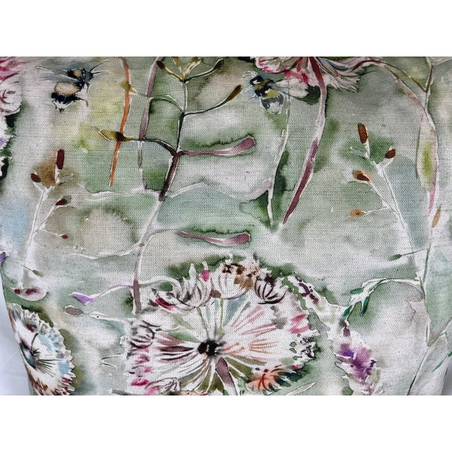 Textile 20" Square Decorative Throw Pillow With a Muted Watercolor Look Pink Floral Pattern With Bees on a Green Background - Made in the U K For Sale - Image 7 of 12